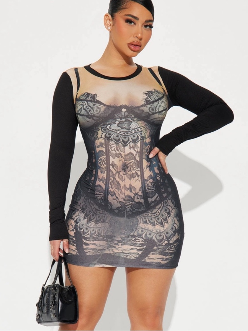 NWOT Fashion Nova Black Lacey Body Long Sleeve Mini Dress